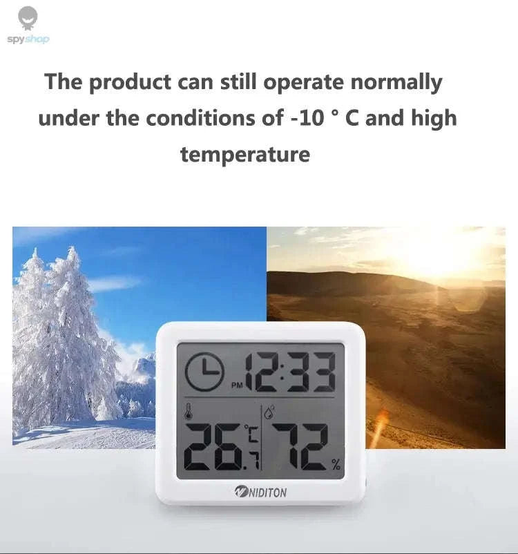 Digital Temperature Humidity Clock – LED Display, Indoor Climate Tracking, Modern Design-White with battery