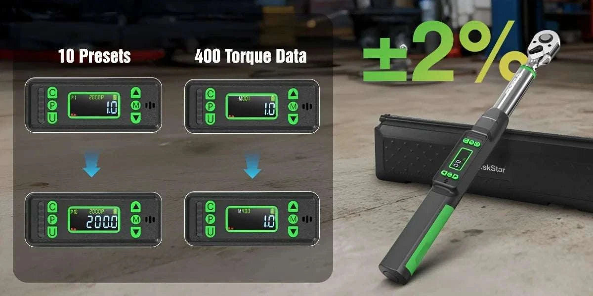 Digital Torque Wrench 3/8" ±2% Accuracy with LCD & Adapters Set-GERMANY