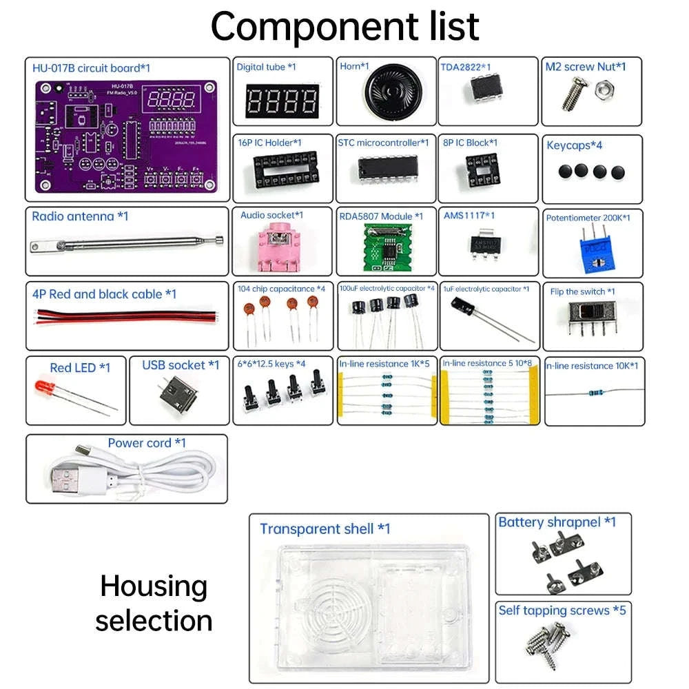 DIY FM Radio Electronic Kit 87-108MHz Adjustable Frequency Digital Display Soldering Project Practice Solder RDA5807S-HU 017B With Shell / China Mainland