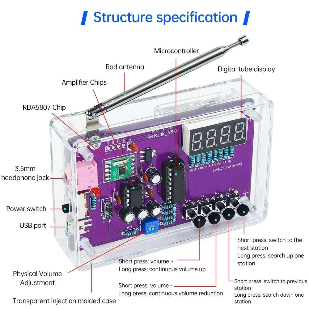 DIY FM Radio Electronic Kit 87-108MHz Adjustable Frequency Digital Display Soldering Project Practice Solder RDA5807S-HU 017B With Shell / China Mainland
