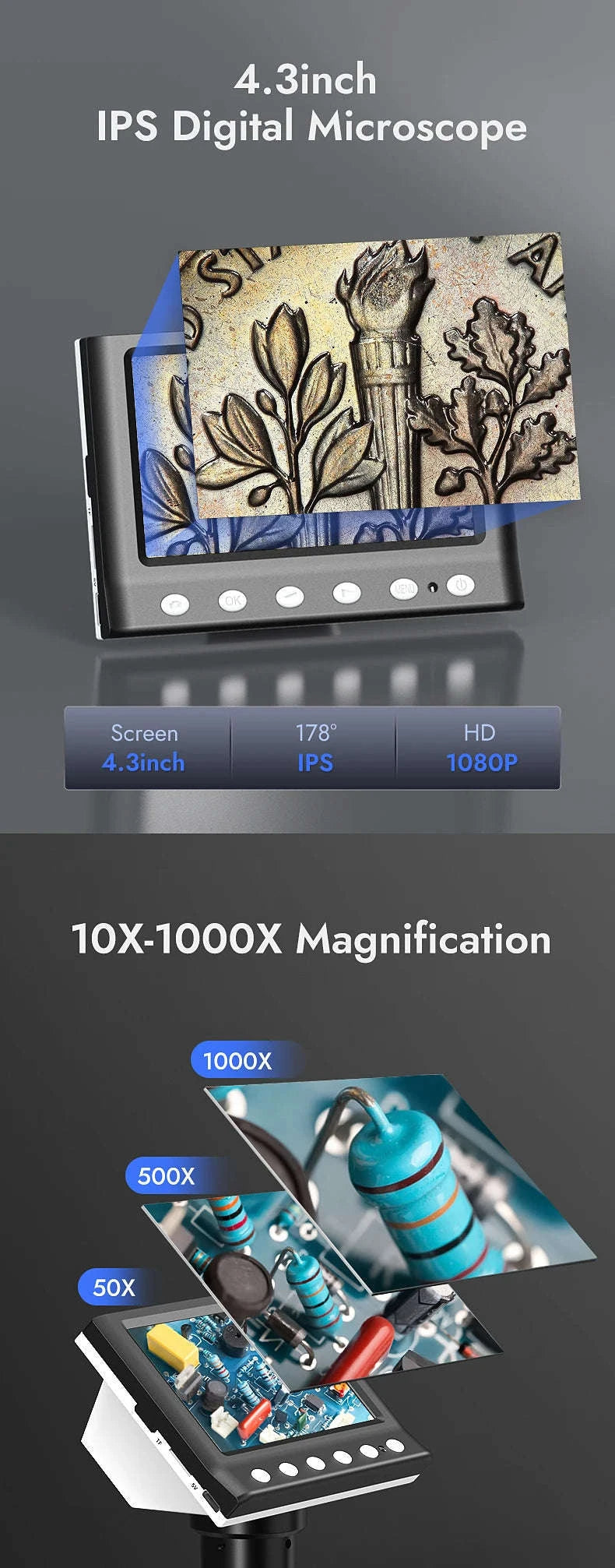 DM7 4.3" 1000X Digital Video Microscope with LEDs-DM7-Z01C / 1600X