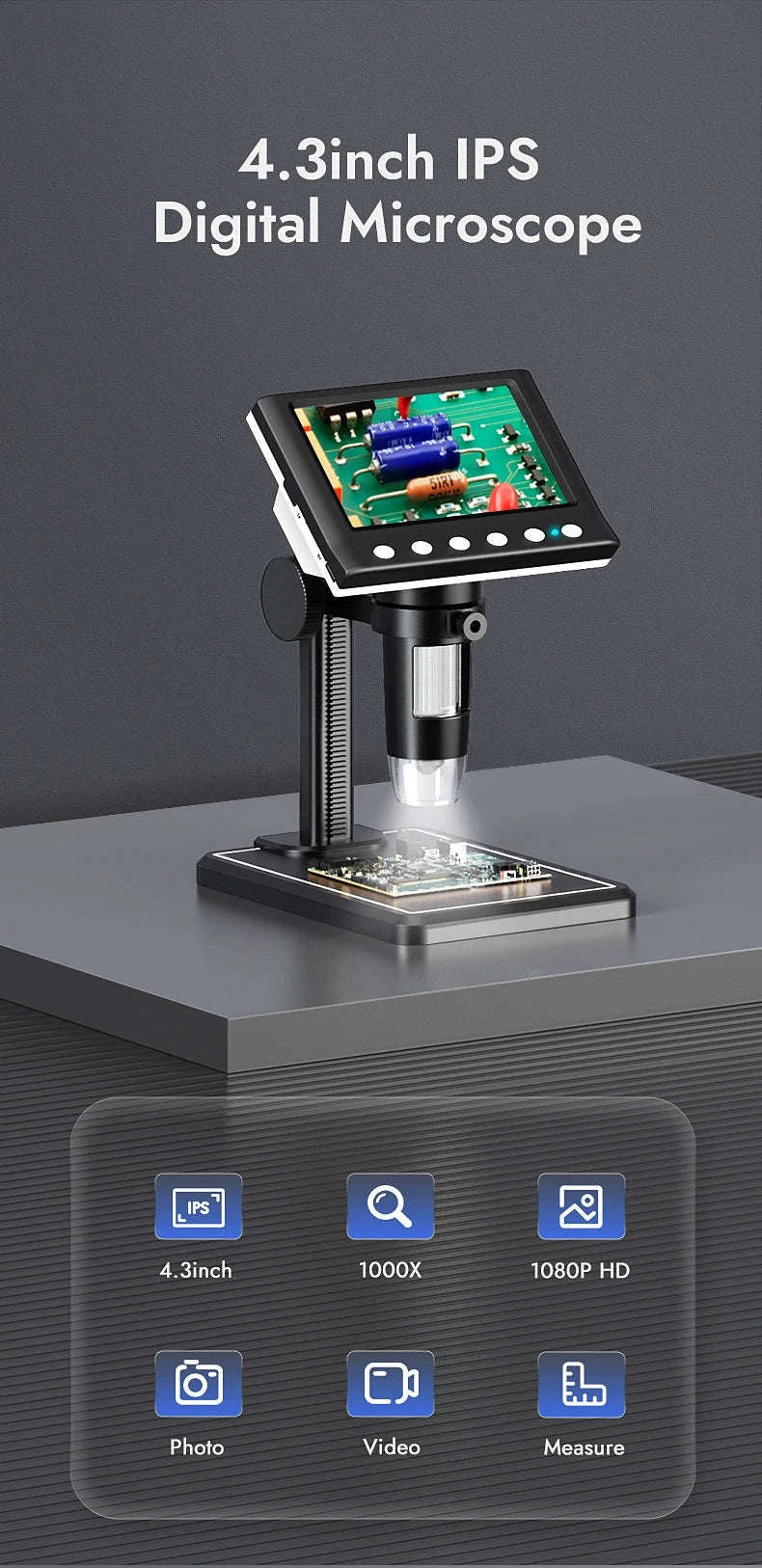 DM7 4.3" 1000X Digital Video Microscope with LEDs-DM7-Z01C / 1600X