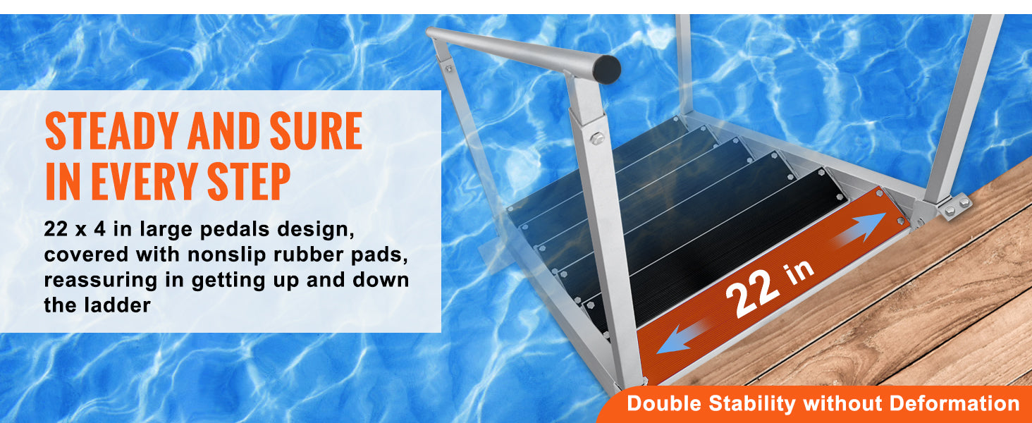 SucceBuy 4/6 Step Dual Handrails Dock Ladder Aluminum with Rubber Mat 30"-39" Adjustable Height for Lake Marine Boarding Pool