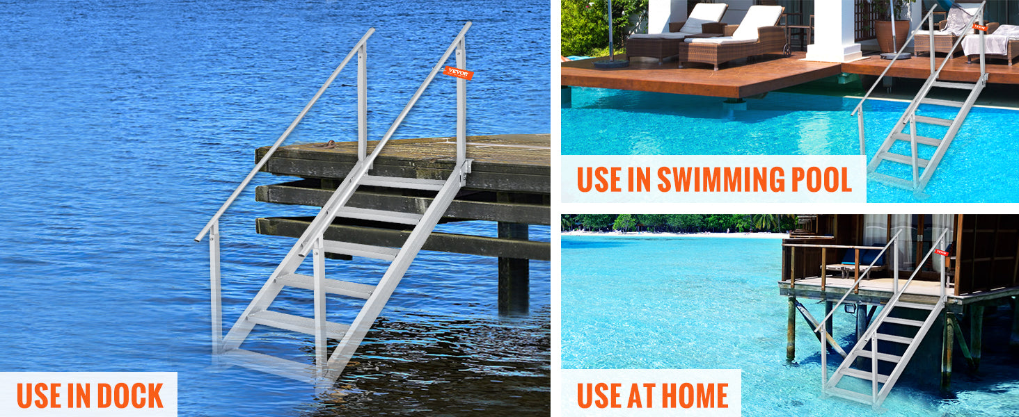 SucceBuy 4/6 Step Dual Handrails Dock Ladder Aluminum with Rubber Mat 30"-39" Adjustable Height for Lake Marine Boarding Pool