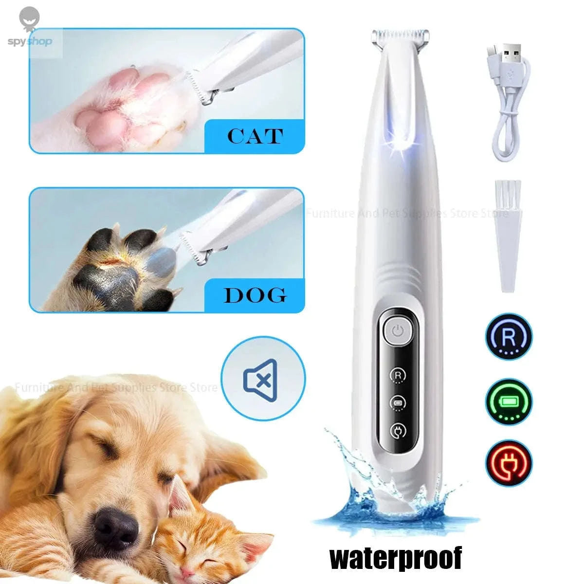 Dog Paw Trimmer – LED Light, Waterproof Design, Quiet Grooming Control-White