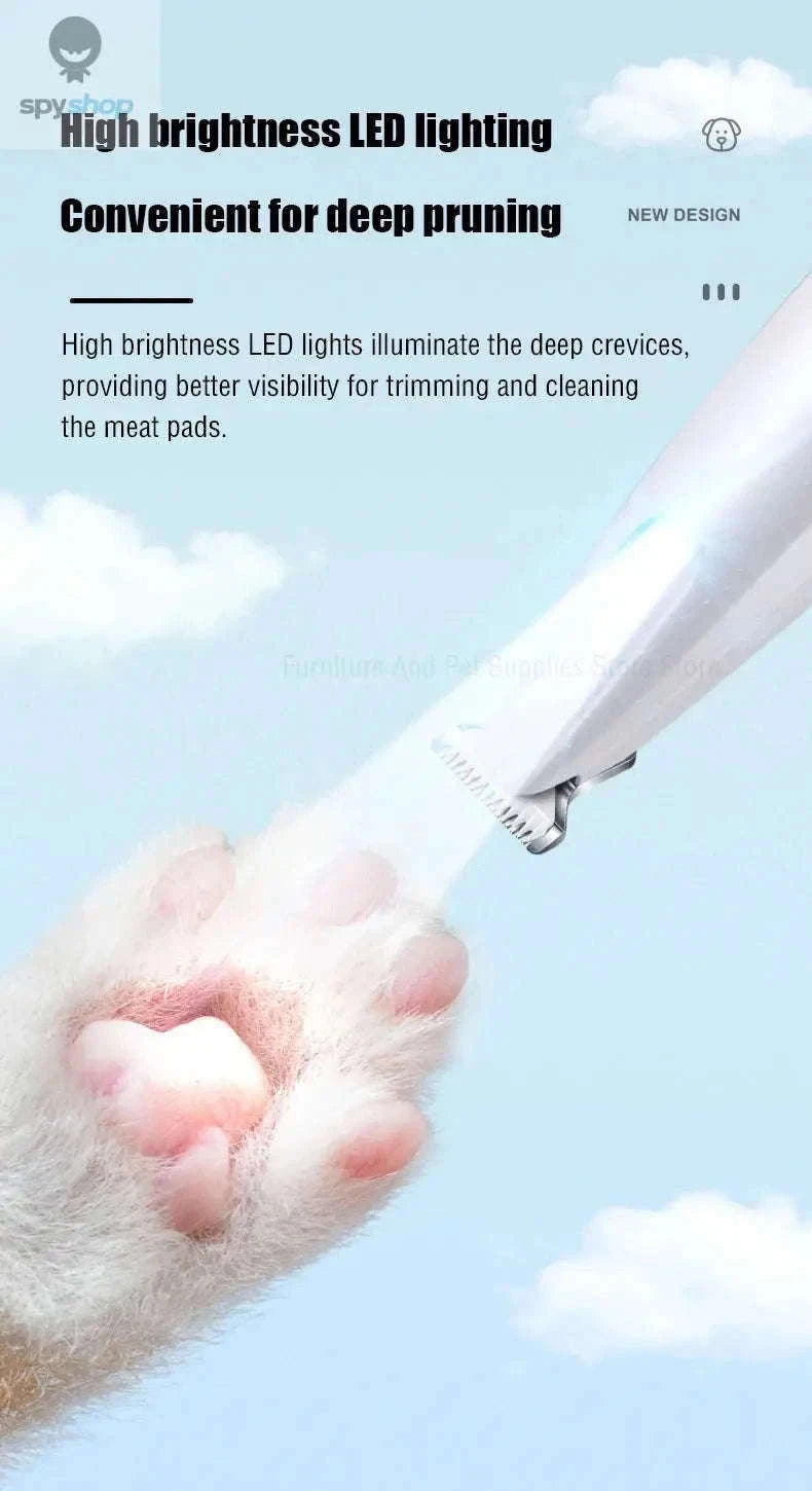Dog Paw Trimmer with LED Light, Quiet Motor and Waterproof Design-White