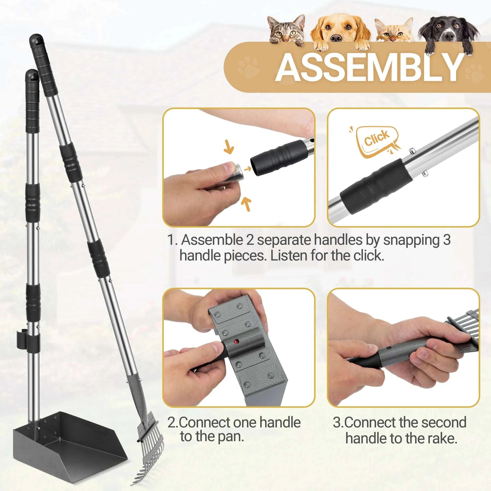 Dog Pooper Scooper Tray & Rake Set with Long Adjustable Handle-Black Yellow / United States