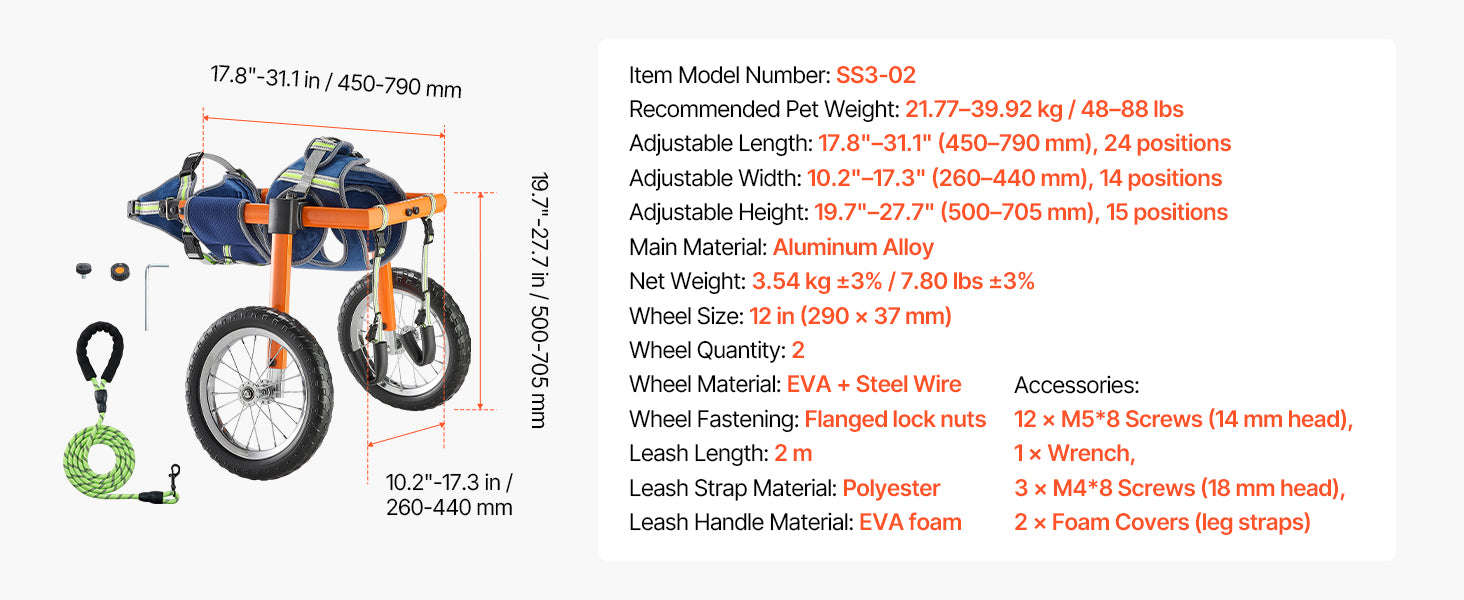 Dog Wheelchair for Back Legs, Lightweight 2-Wheel Adjustable Pet Wheelchair-M 35-48 lbs / spain