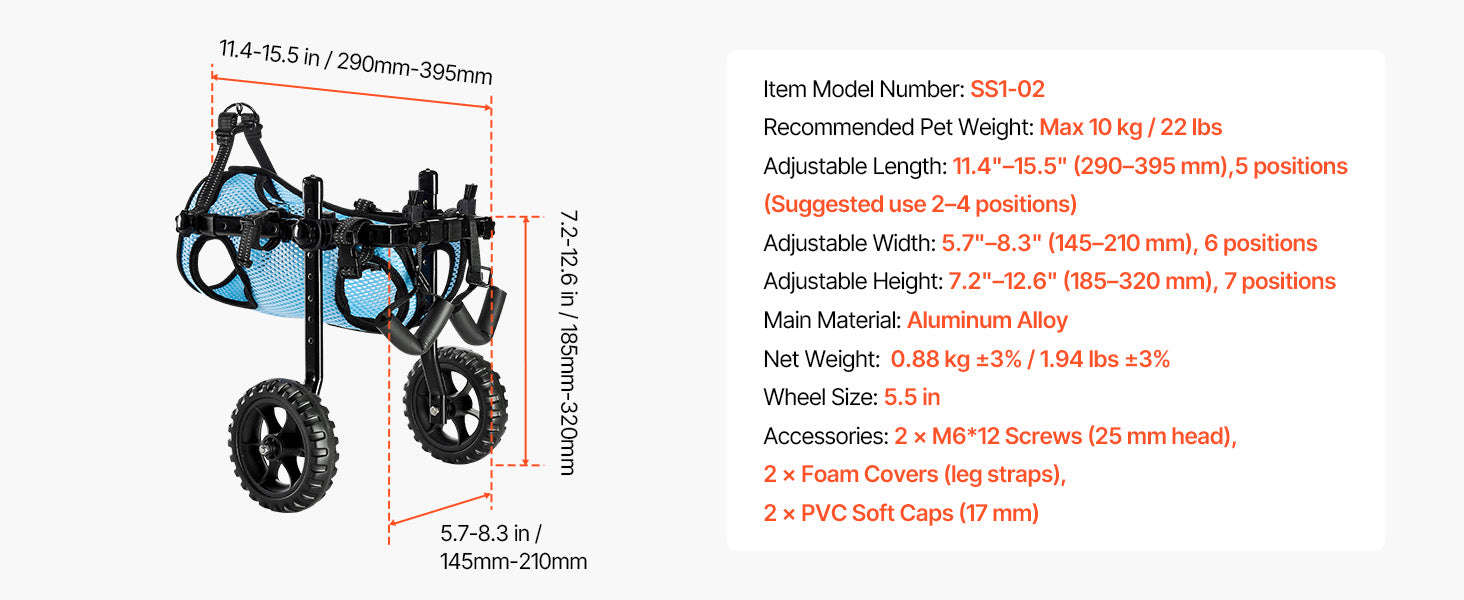 Dog Wheelchair for Back Legs, Lightweight 2-Wheel Adjustable Pet Wheelchair-M 35-48 lbs / spain