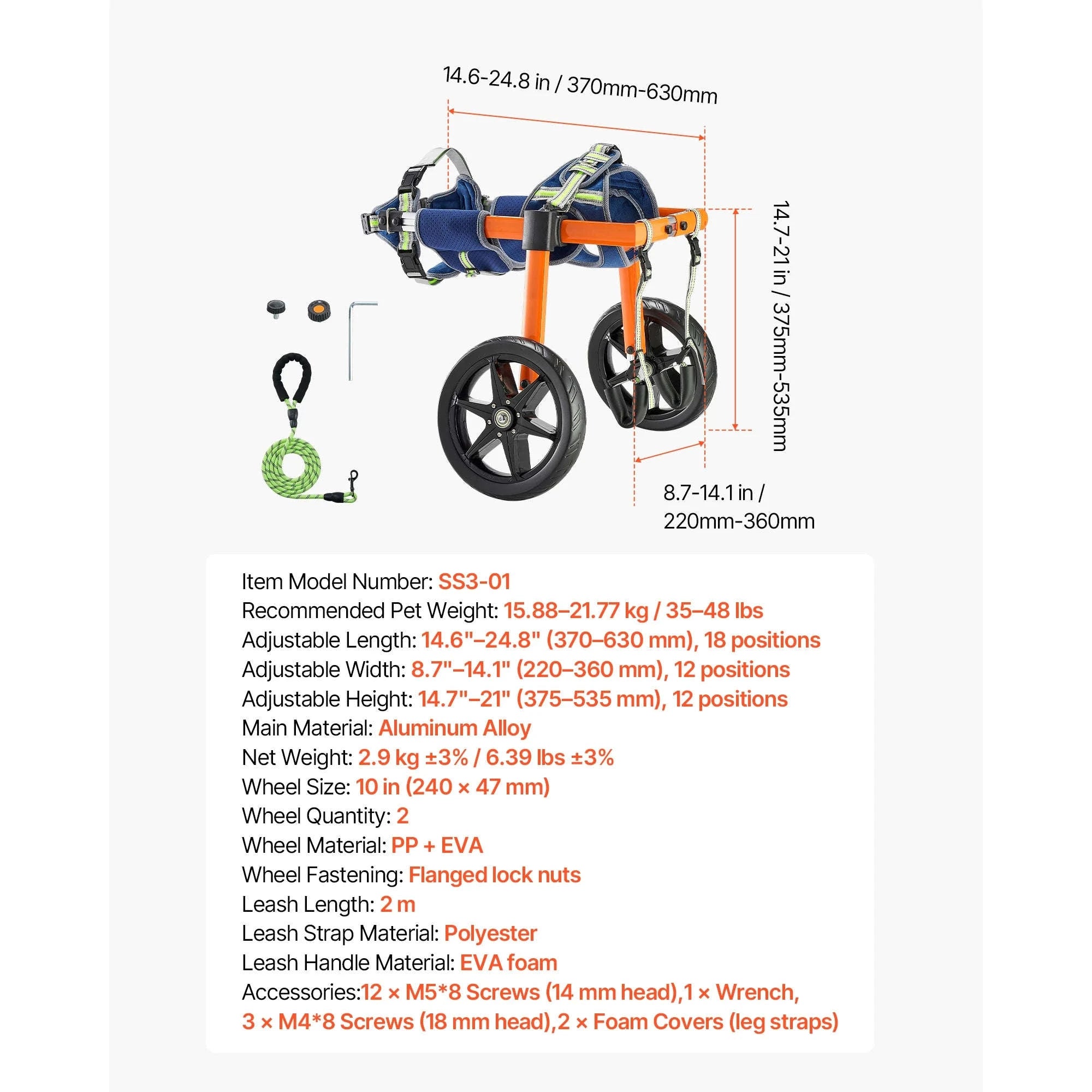 Dog Wheelchair for Back Legs, Lightweight 2-Wheel Adjustable Pet Wheelchair-M 35-48 lbs / spain