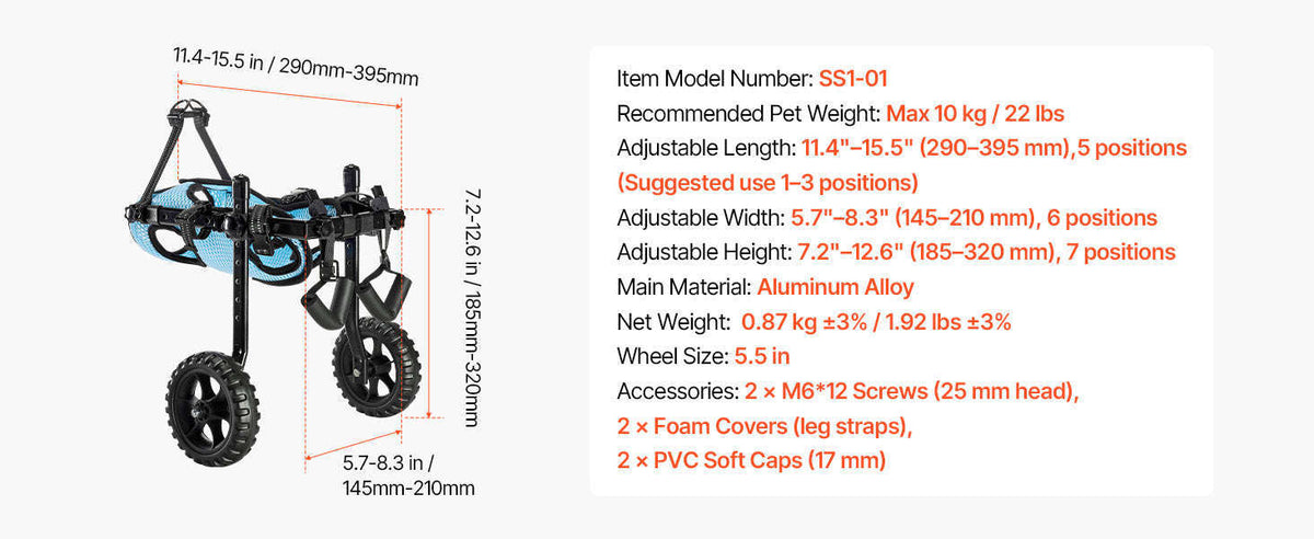 Dog Wheelchair for Back Legs, Lightweight 2-Wheel Adjustable Pet Wheelchair-M 35-48 lbs / spain