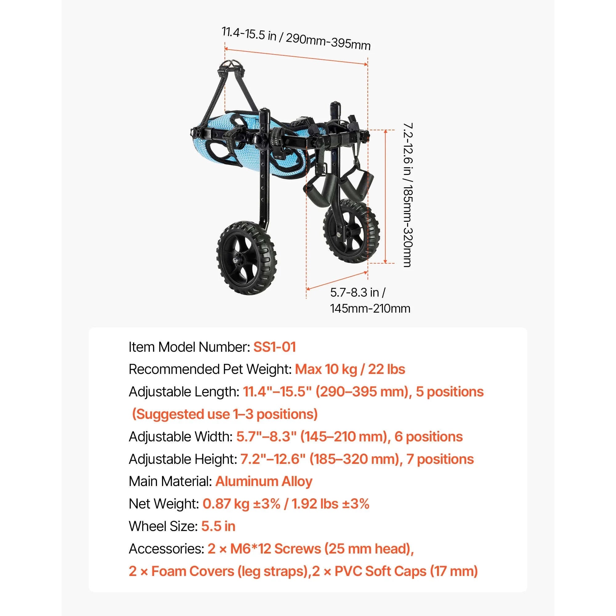 Dog Wheelchair for Back Legs, Lightweight 2-Wheel Adjustable Pet Wheelchair-M 35-48 lbs / spain