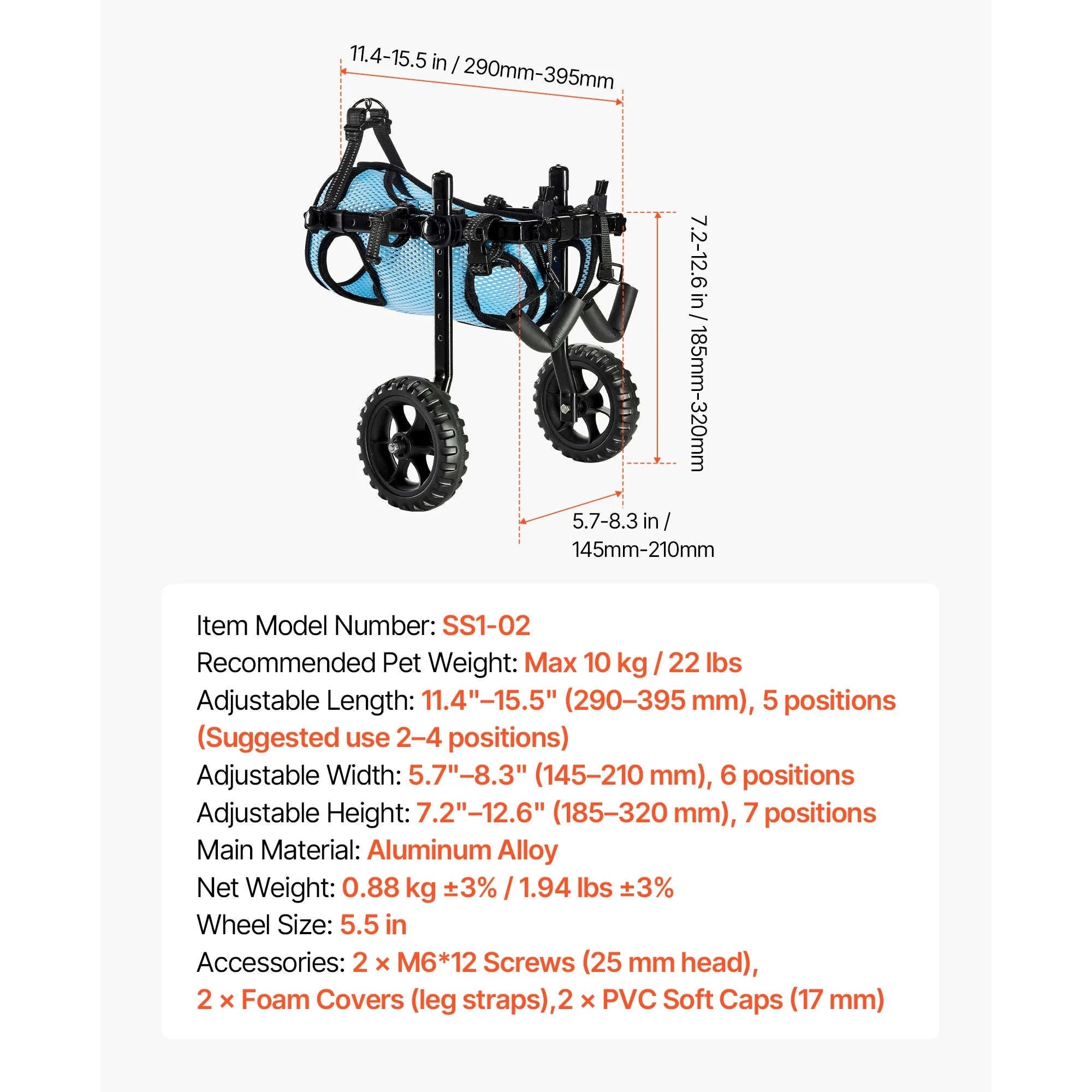 Dog Wheelchair for Back Legs, Lightweight 2-Wheel Adjustable Pet Wheelchair-M 35-48 lbs / spain