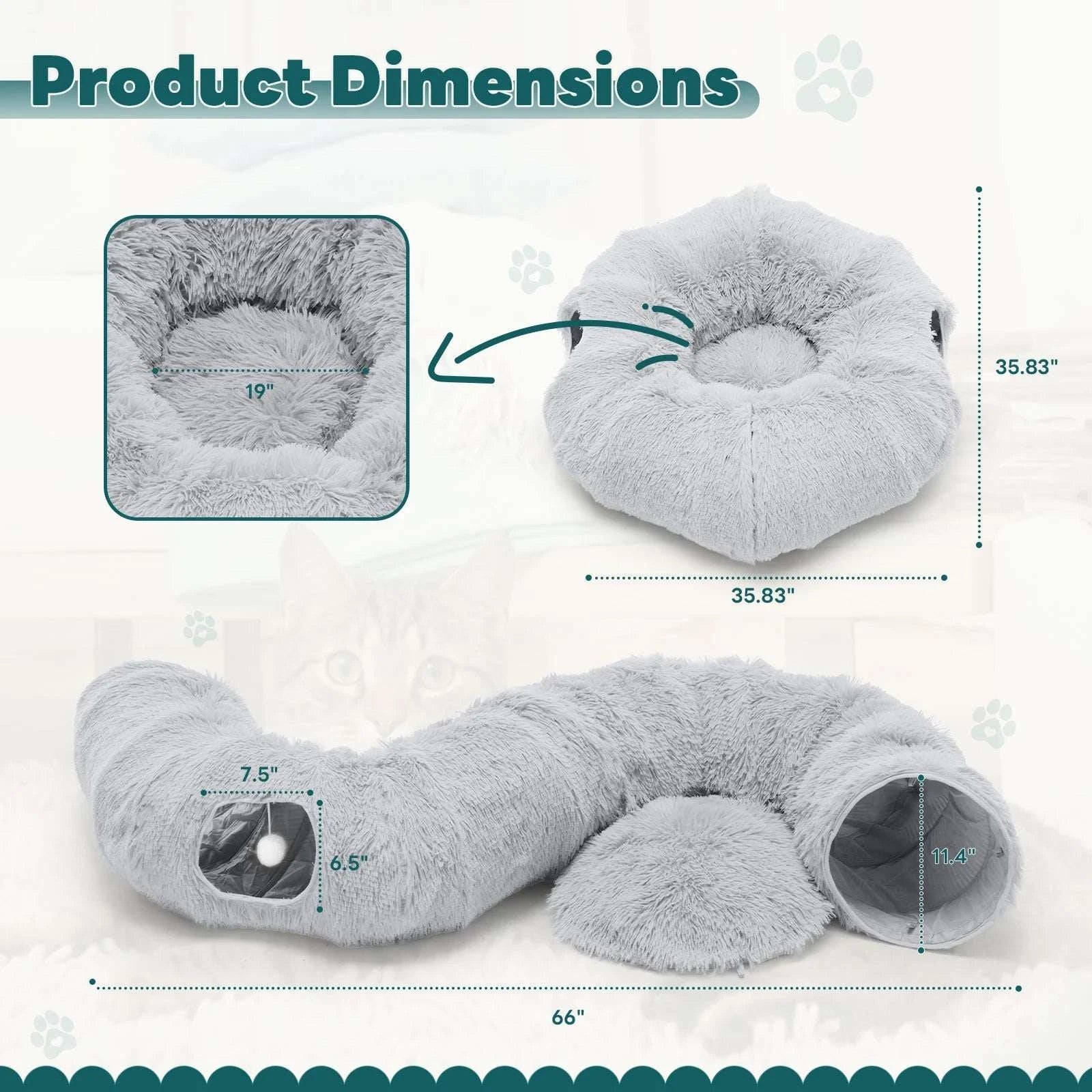 Donut Cat Tunnel Bed 3-in-1 Plush Hideout, Sleep & Play-GRAY / United States