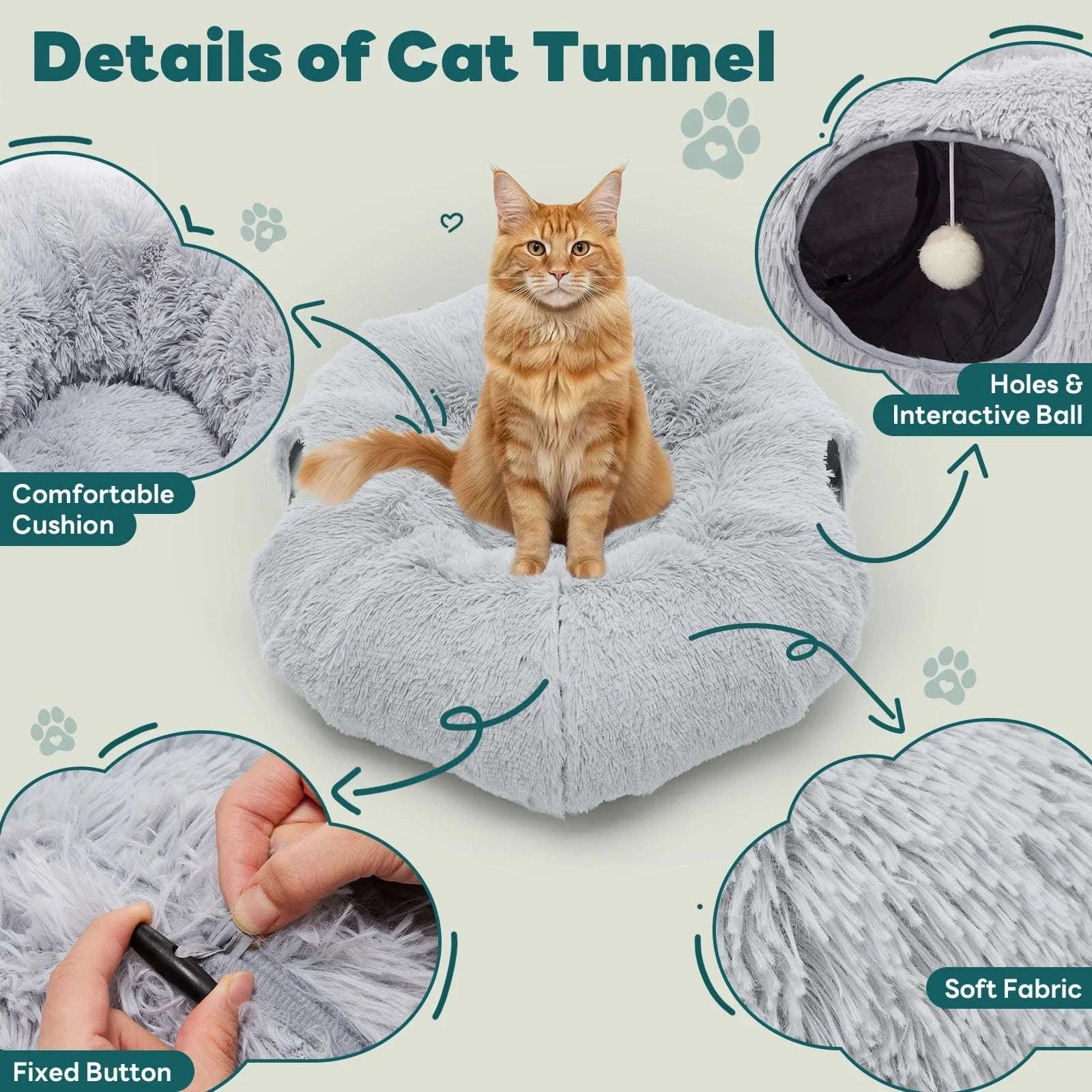 Donut Cat Tunnel Bed 3-in-1 Plush Hideout, Sleep & Play-GRAY / United States