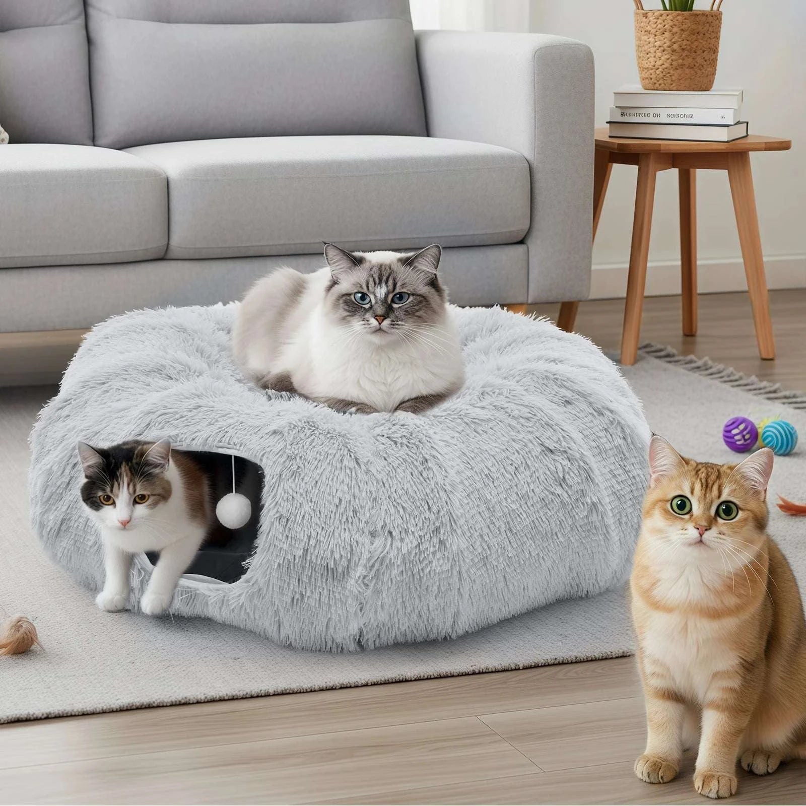 Donut Cat Tunnel Bed 3-in-1 Plush Hideout, Sleep & Play-GRAY / United States