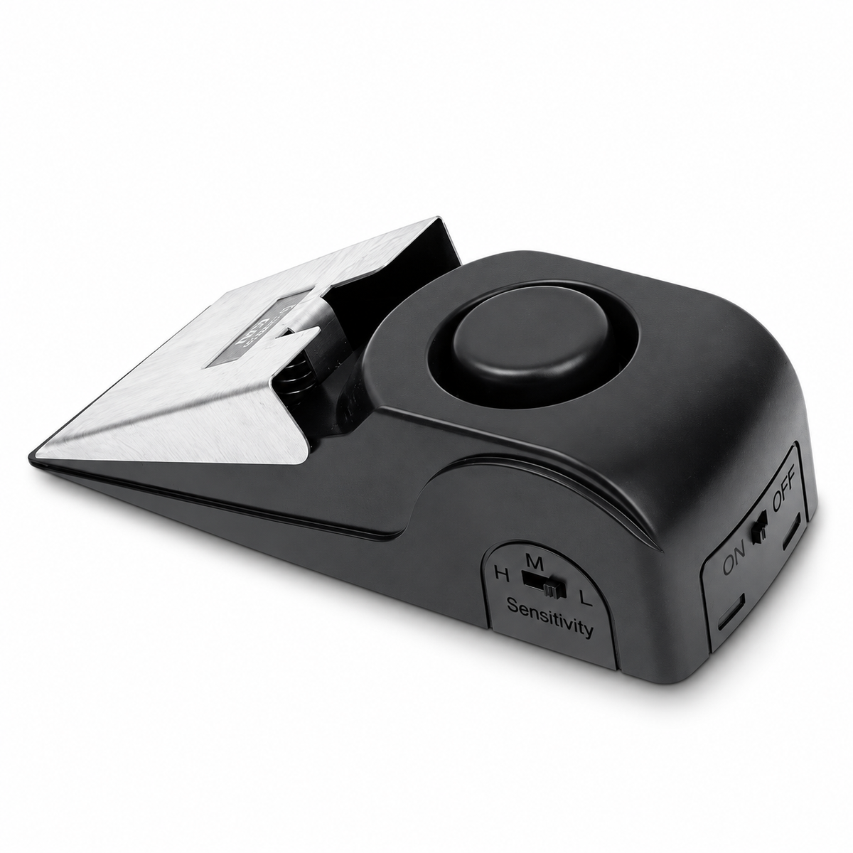 Black wedge door stopper alarm with stainless pressure plate on white