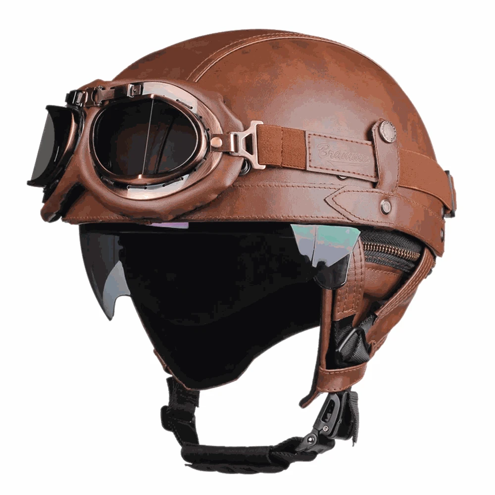 DOT Certified Retro Motorcycle Half Helmet with UV Lens-535-BG Brown / M