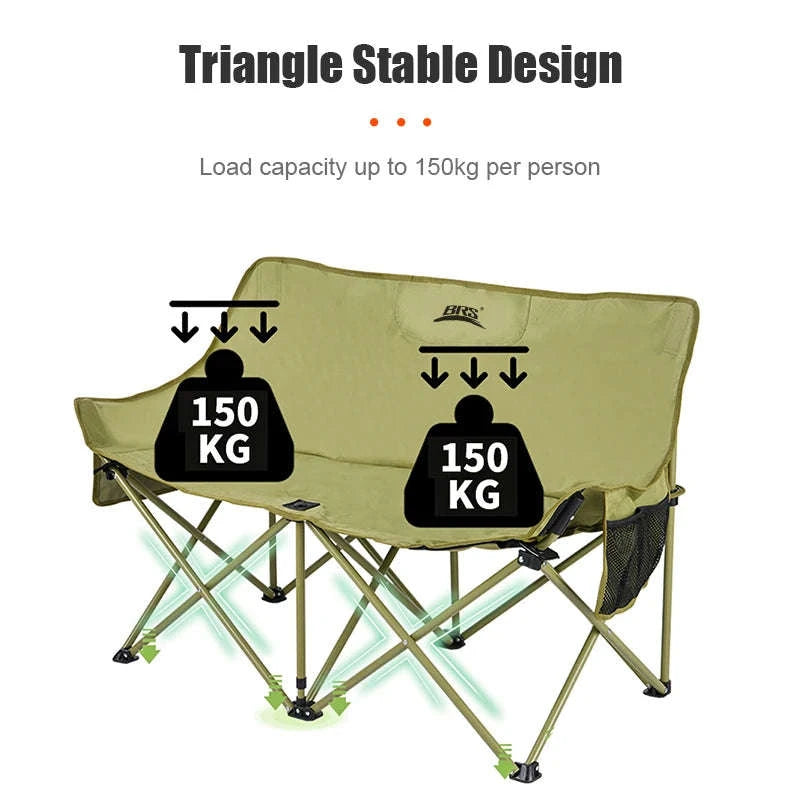 Double Camping Chair for Two with Storage Bags and Backrest-Khaki