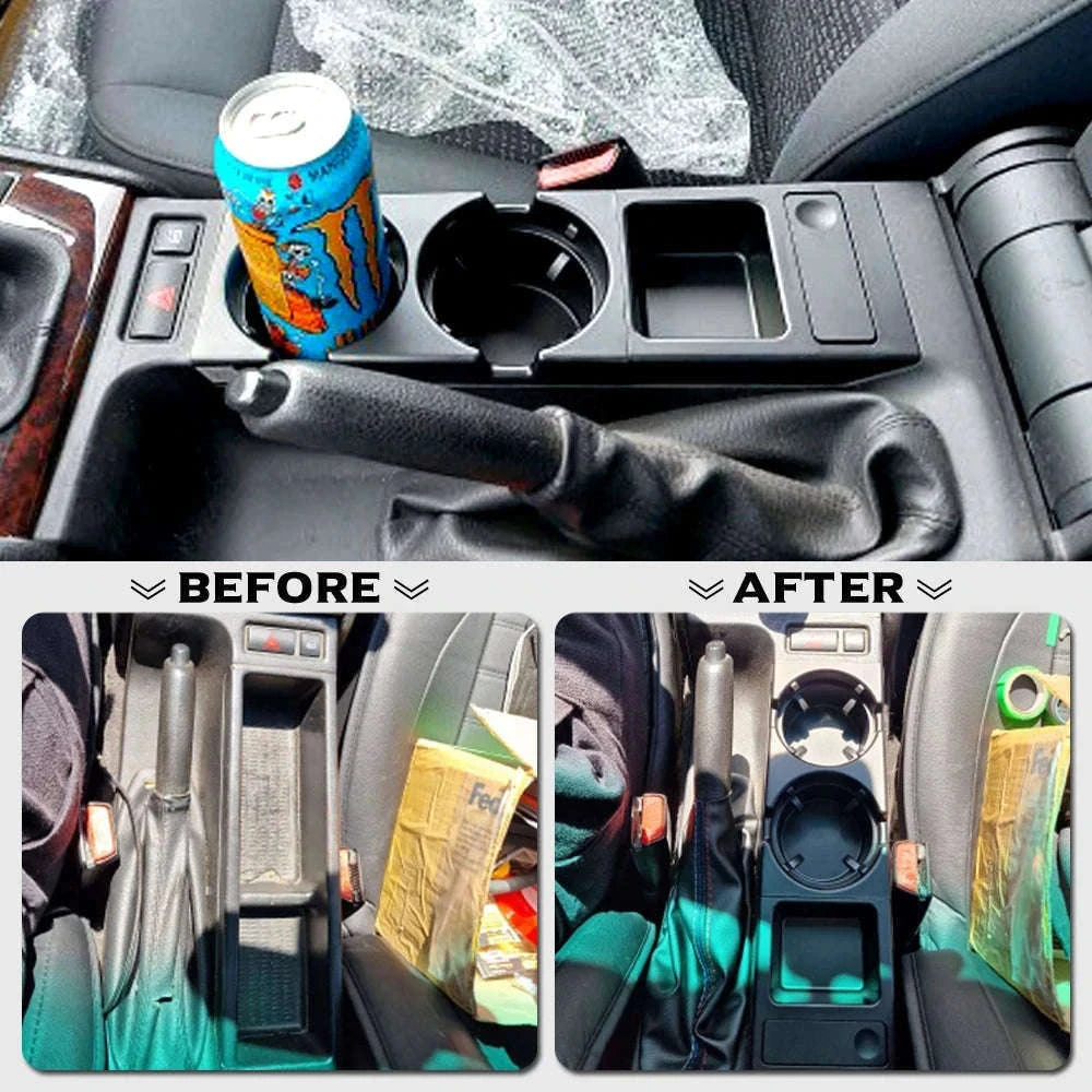 Double Hole Front Center Console Storage Box Coin and Cup Holder-Black 1
