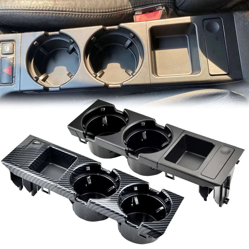Double Hole Front Center Console Storage Box Coin and Cup Holder-Black 1