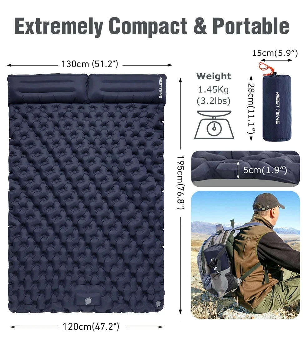 Double Inflatable Mattress with Built-in Pillow Pump for Camping-Khaki