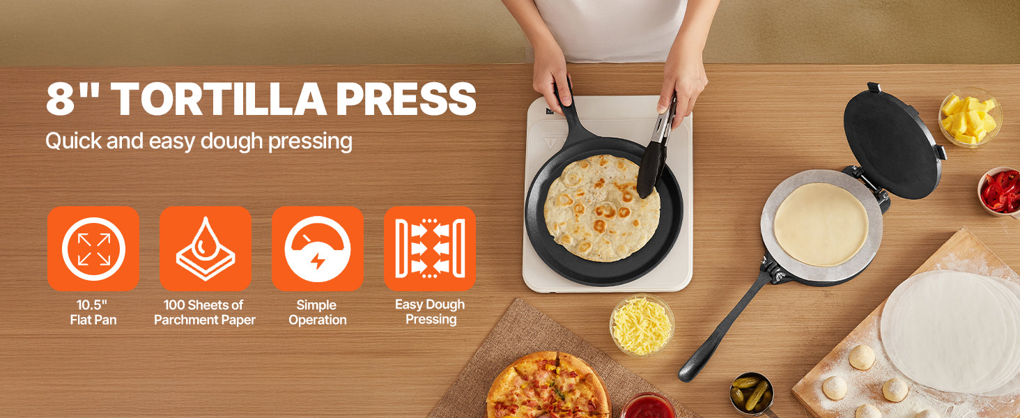 10,5" Tava ve Kolay Tutma Saplı 8 İnç Dökme Demir Tortilla Presi