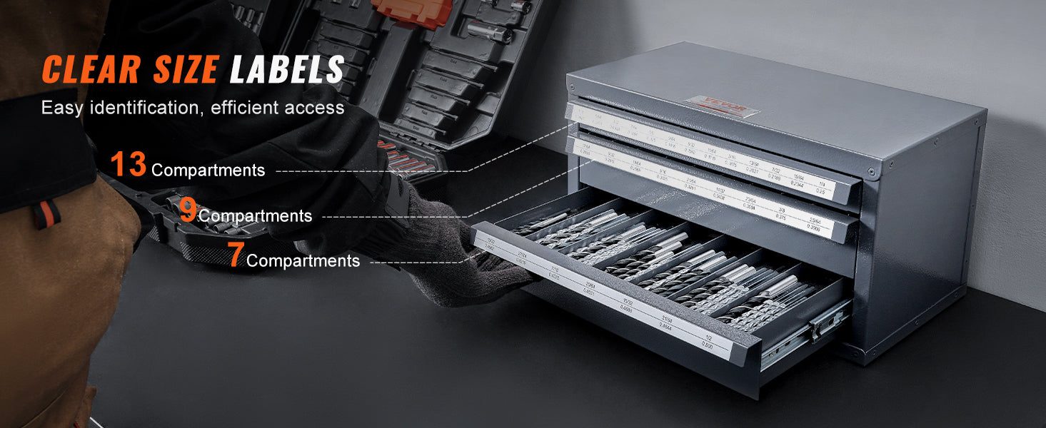 Steel Drill Bit Organizer Cabinet with Drawers and Labeled Slots