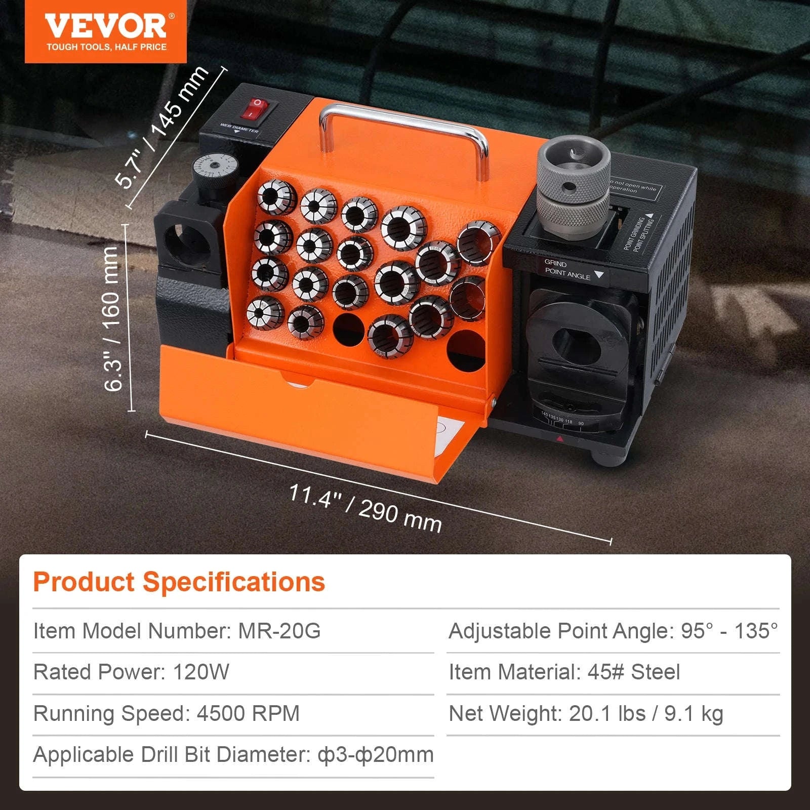 Drill Bit Sharpener 3–13mm with Adjustable Angles and 11 Collets-MR-13A / United States