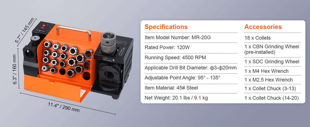 Drill Bit Sharpener 3–13mm with Adjustable Angles and 11 Collets-MR-13A / United States