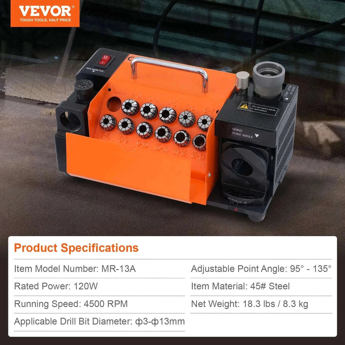 Drill Bit Sharpener 3–13mm with Adjustable Angles and 11 Collets-MR-13A / United States