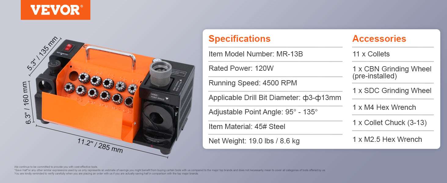 Drill Bit Sharpener Machine 4500RPM Adjustable Angle with 18 Collets-MR-20G / United States