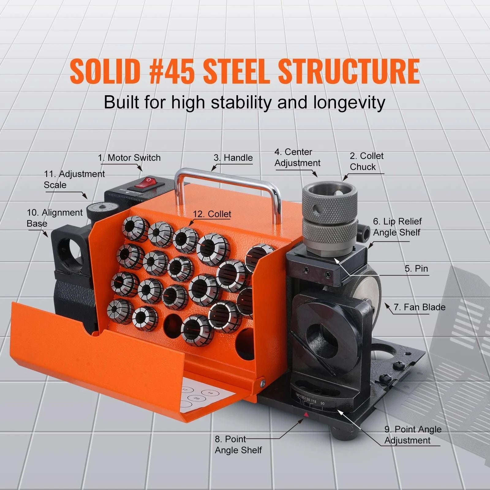 Drill Bit Sharpener Machine 4500RPM Adjustable Angle with 18 Collets-MR-20G / United States