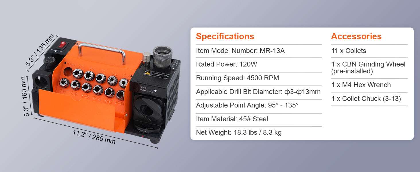 Drill Bit Sharpener Machine 4500RPM Adjustable Angle with 18 Collets-MR-20G / United States