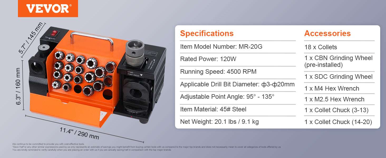 Drill Bit Sharpener Machine 4500RPM Adjustable Angle with 18 Collets-MR-20G / United States