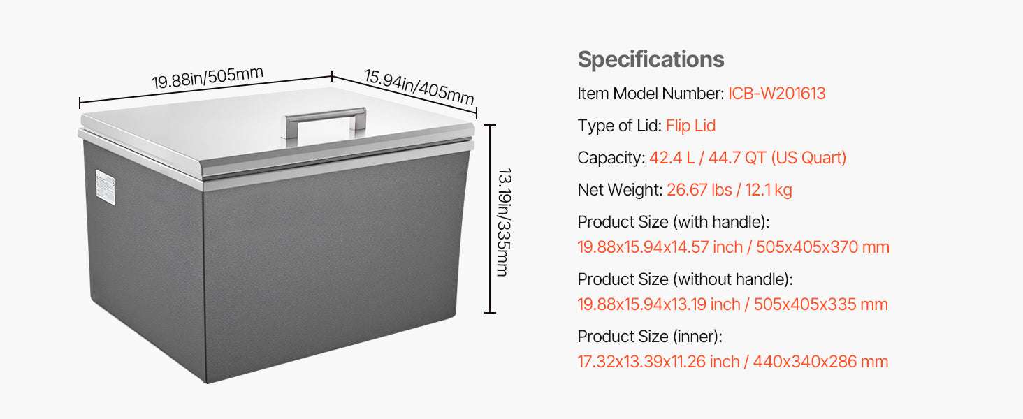 Drop-In Stainless Steel Ice Chest with Lid & Drain for Outdoor Bar-19.88x15.94x14.57in / United States