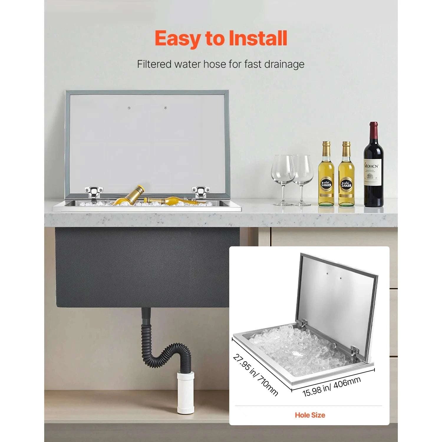 Drop-In Stainless Steel Ice Chest with Lid & Drain for Outdoor Bar-19.88x15.94x14.57in / United States