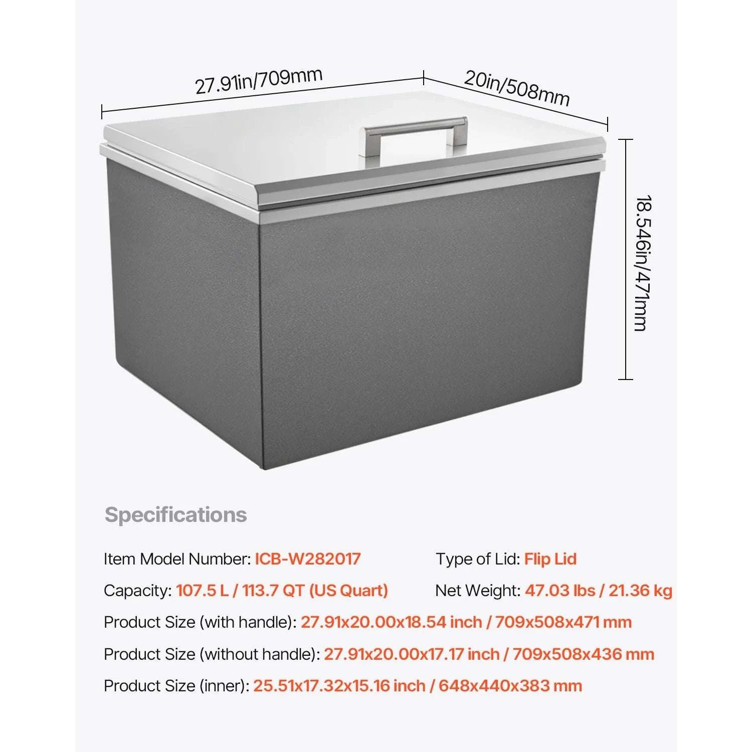 Drop-In Stainless Steel Ice Chest with Lid & Drain for Outdoor Bar-19.88x15.94x14.57in / United States
