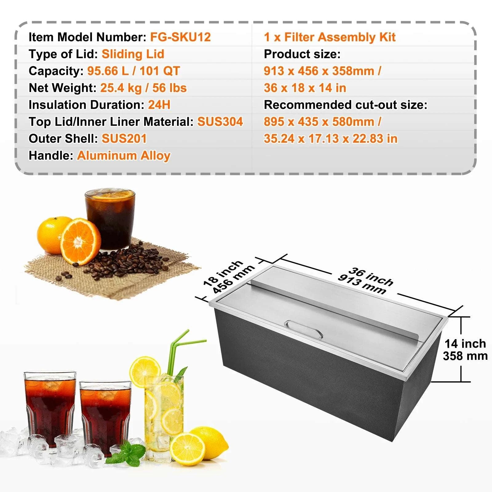 Drop-In Stainless Steel Ice Chest with Sliding Cover and Drain-18Lx12W x14.5H / United States