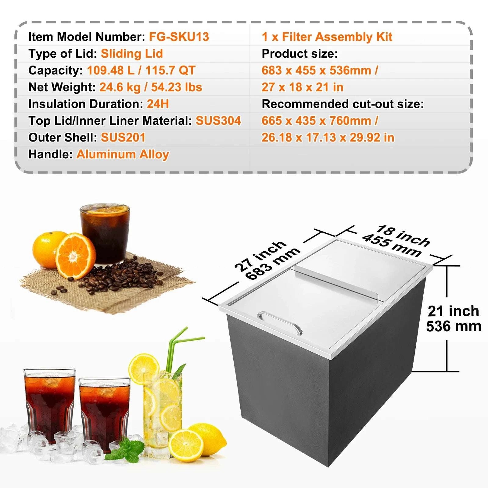 Drop-In Stainless Steel Ice Chest with Sliding Cover and Drain-18Lx12W x14.5H / United States