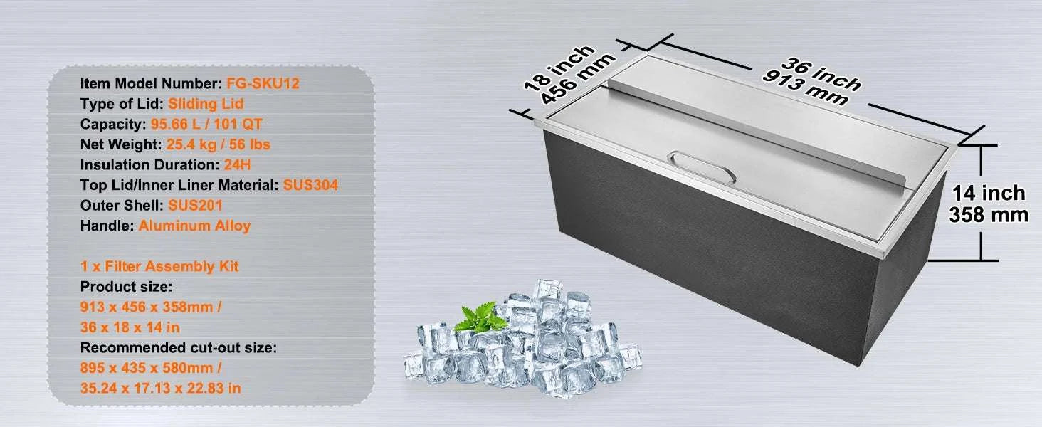 Drop-In Stainless Steel Ice Chest with Sliding Cover and Drain-18Lx12W x14.5H / United States