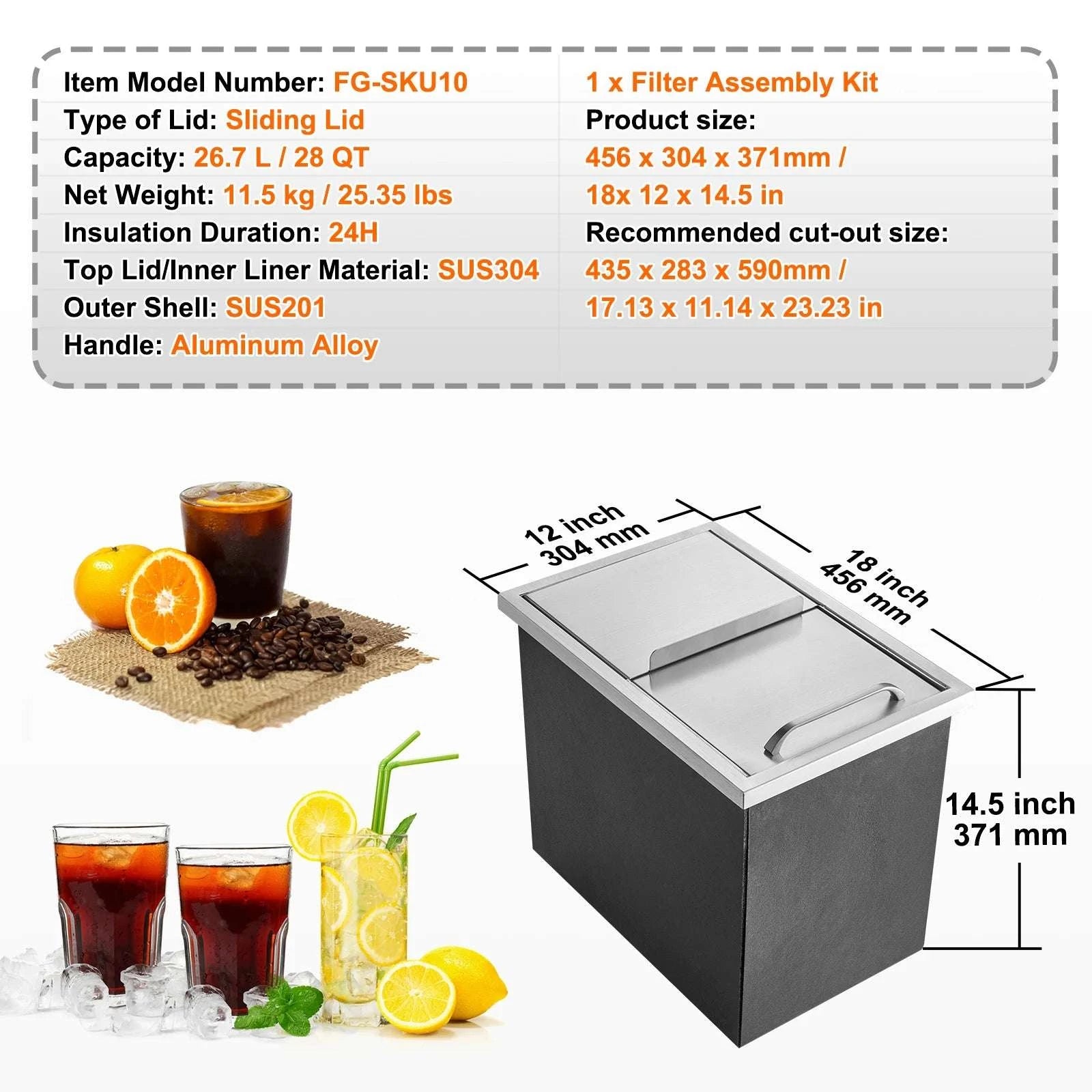 Drop-In Stainless Steel Ice Chest with Sliding Cover and Drain-18Lx12W x14.5H / United States