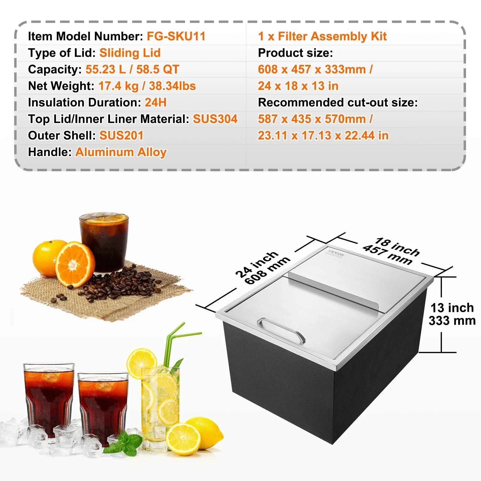 Drop-In Stainless Steel Ice Chest with Sliding Cover and Drain-18Lx12W x14.5H / United States