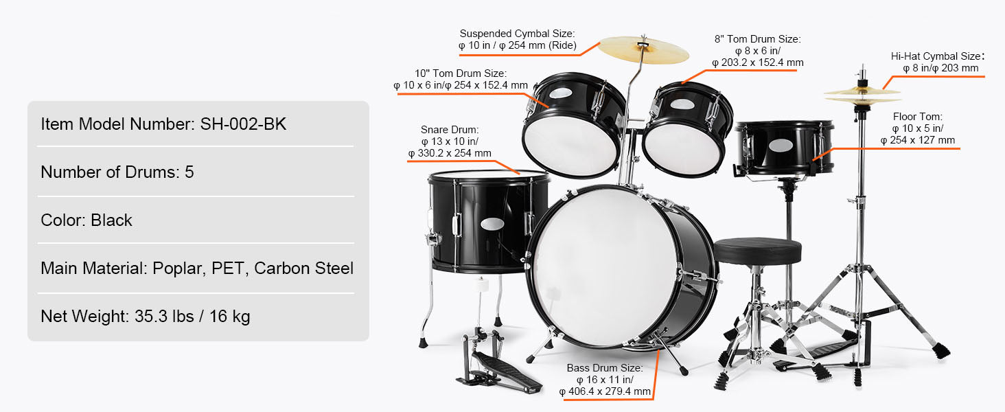 5-Piece Kids Drum Set 16'' Beginner Kit with Bass, Snare & Toms