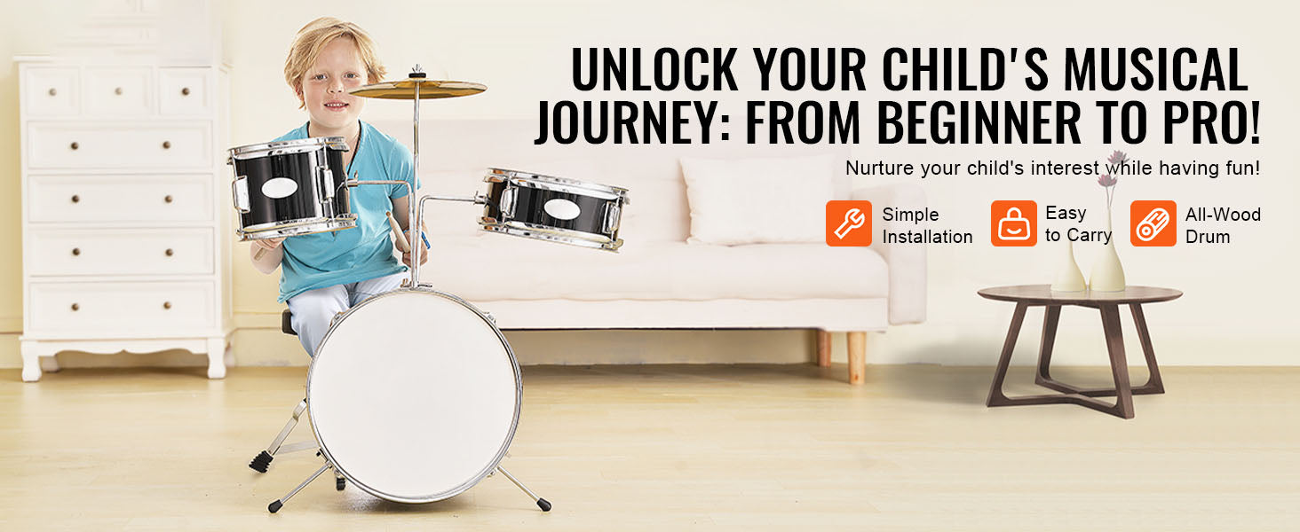 Kids 3-Piece Drum Set with 14" Bass, Adjustable Throne & Cymbal