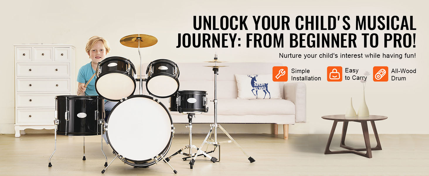5-Piece Kids Drum Set 16'' Beginner Kit with Bass, Snare & Toms