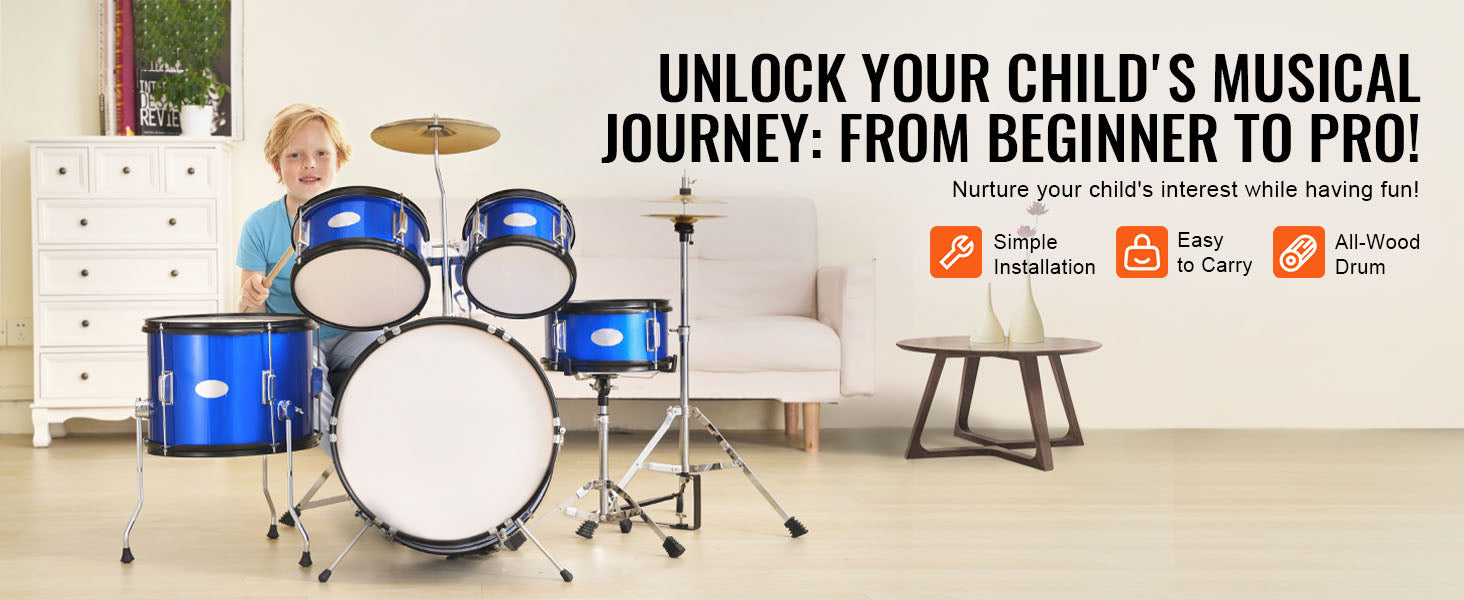 5-Piece Kids Drum Set 16'' Beginner Kit with Bass, Snare & Toms