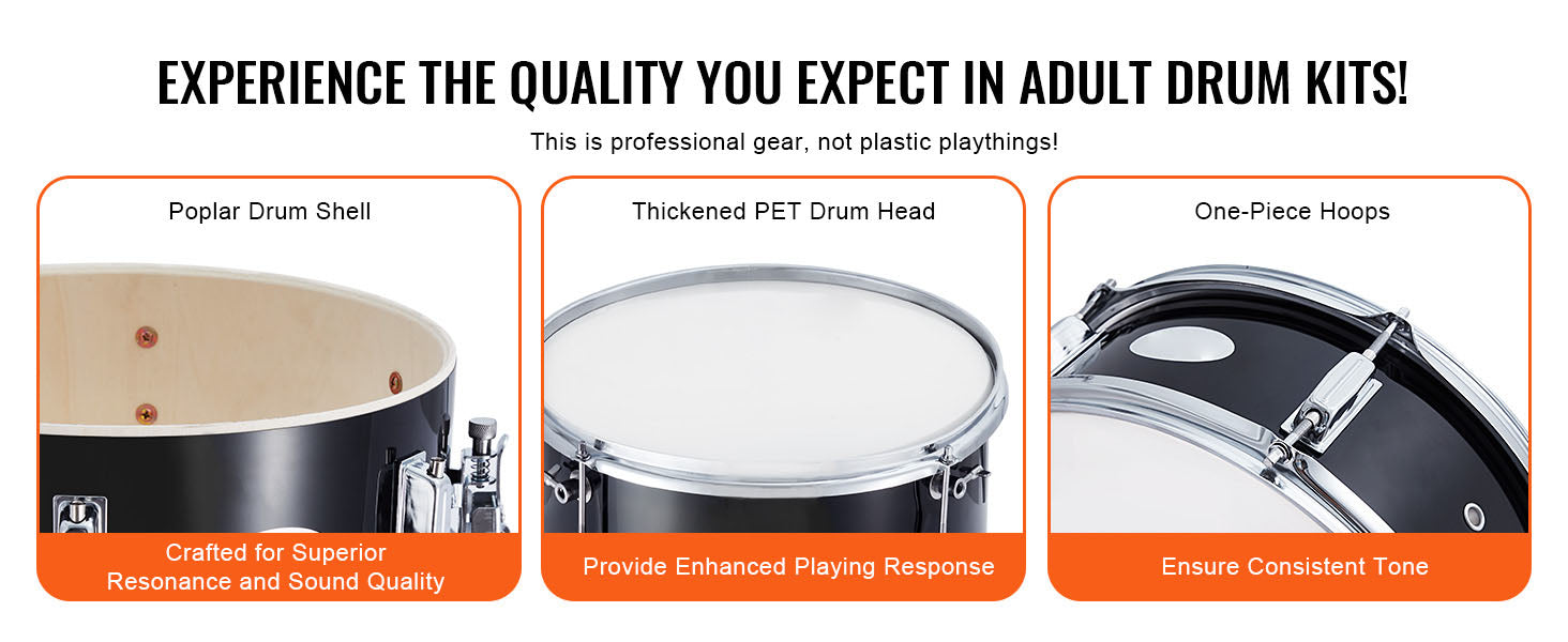 Kids 3-Piece Drum Set with 14" Bass, Adjustable Throne & Cymbal