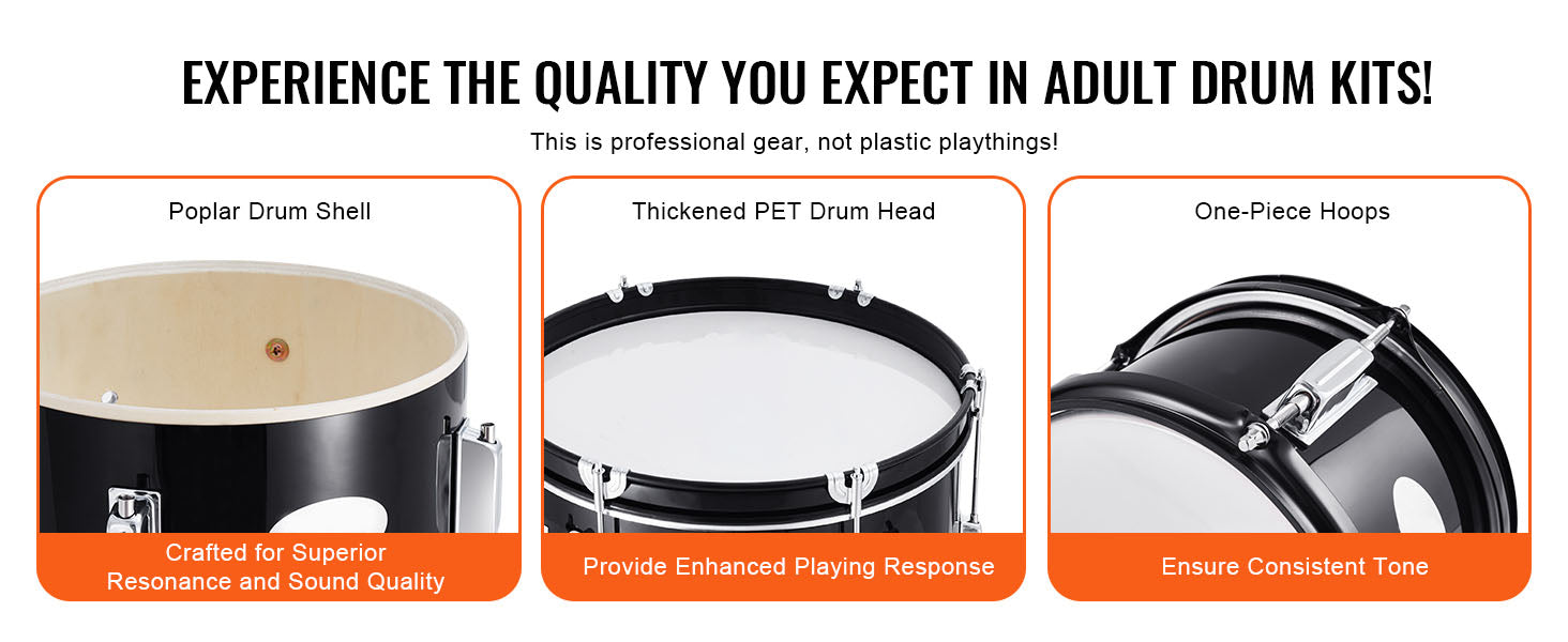 5-Piece Kids Drum Set 16'' Beginner Kit with Bass, Snare & Toms