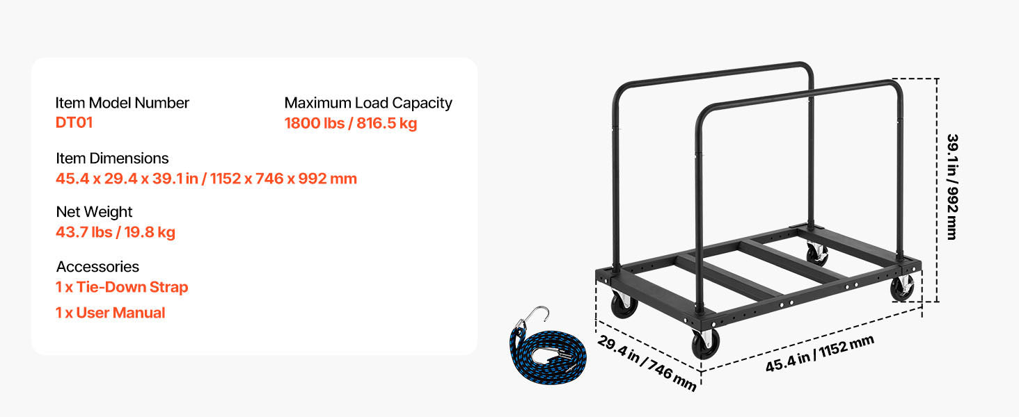 1800 lb Drywall Panel Dolly Cart with Swivel Casters & Strap